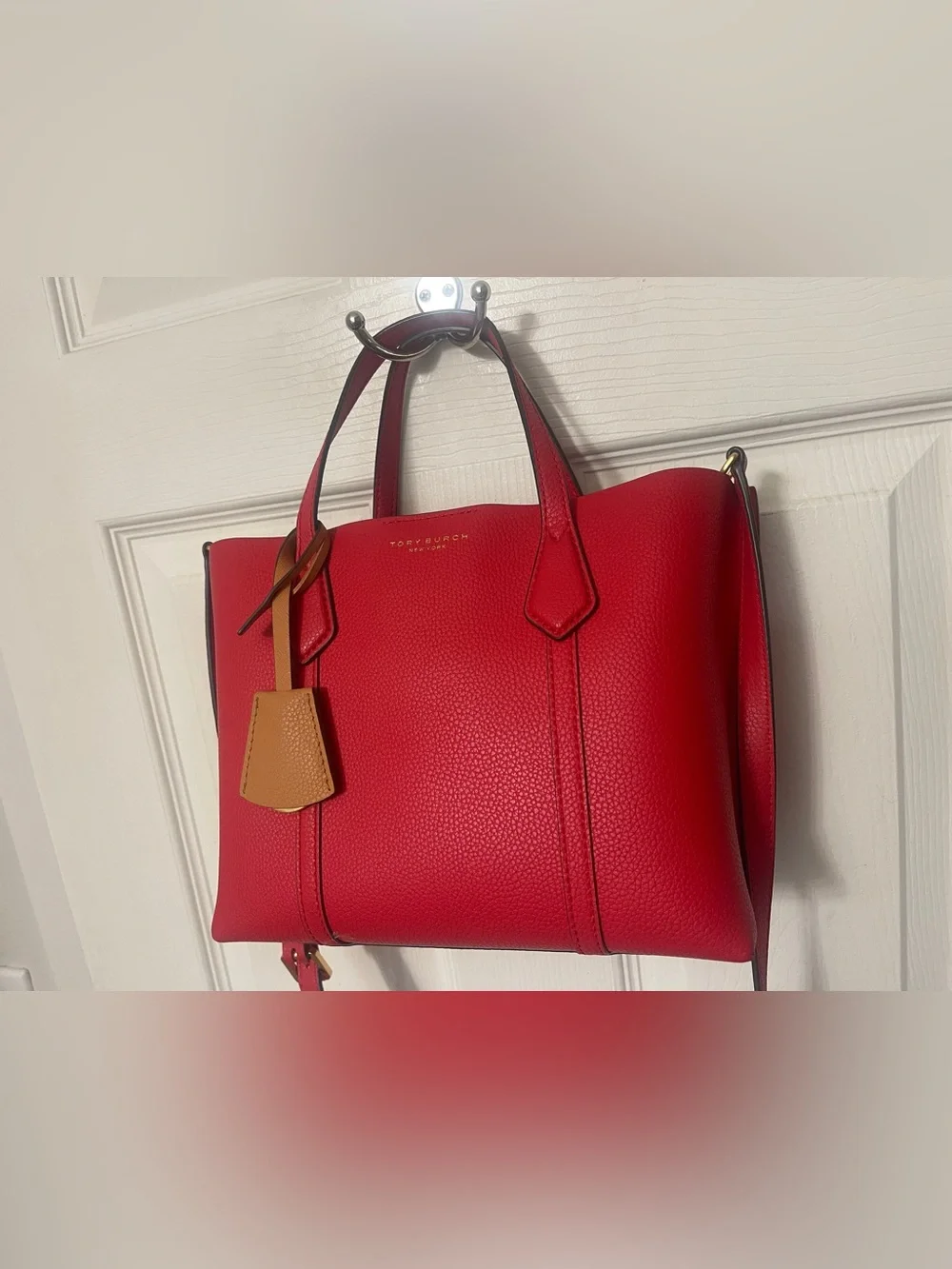 Tory Burch Perry Small Red Leather Tote Detachable Strap Crossbody